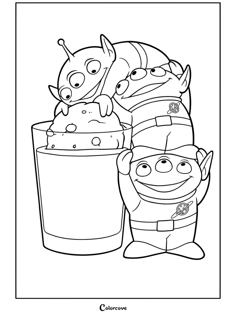 Trois Aliens de Toy Story empilés les uns sur les autres et tendant la main vers un biscuit trempé dans un verre de lait, sur un coloriage
