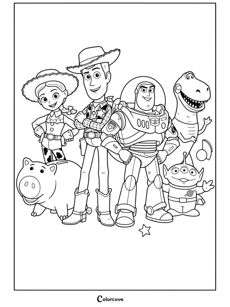 Woody, Buzz Lightyear, Jessie, Rex, Hamm, and an Alien pose together.