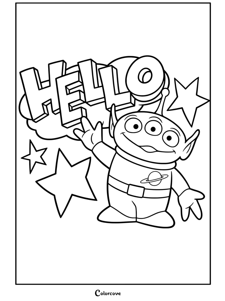 Un Alien de Toy Story faisant coucou avec des étoiles et une bulle de texte de bande dessinée sur une page de coloriage
