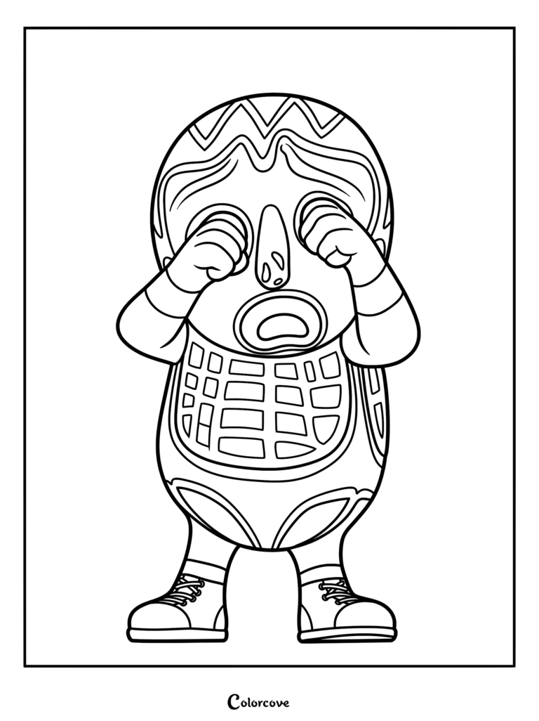 Dr. Nutcase de Toy Story 5 portant un masque de lucha libre et une tenue de catch, en train de pleurer et de se frotter les yeux dans ce coloriage à imprimer.