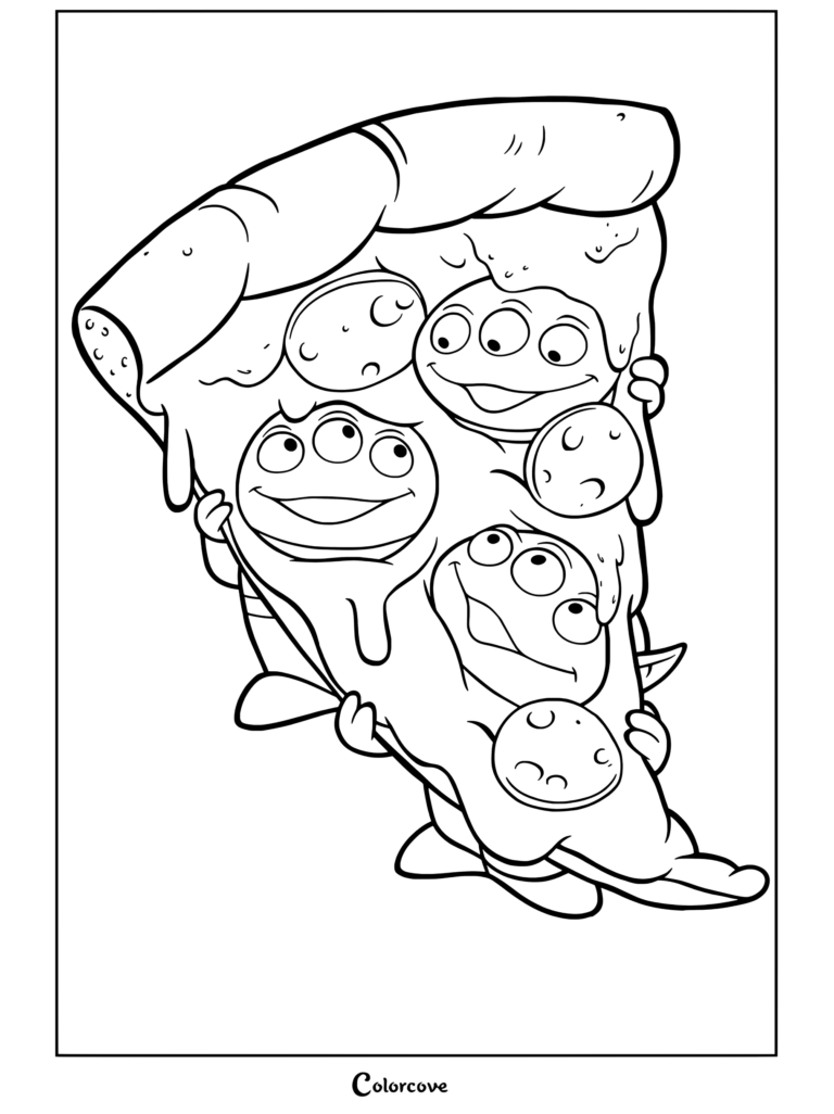 Trois Aliens de Toy Story tenant et dépassant de derrière une tranche géante de pizza au pepperoni dans ce coloriage à imprimer.