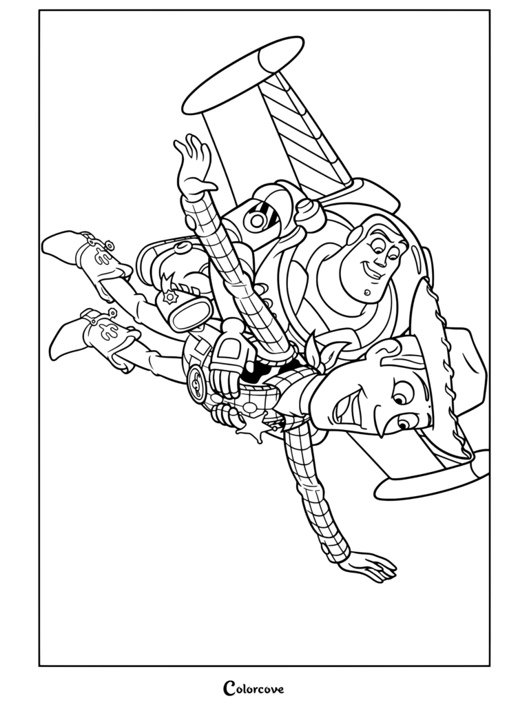 Un coloriage Toy Story à imprimer de Woody et Buzz Lightyear volant ensemble avec un réacteur dorsal.