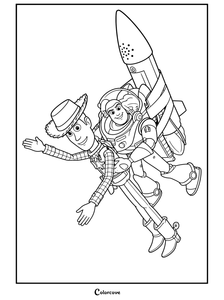 Woody et Buzz Lightyear volant avec une fusée attachée dans leur dos, une page de coloriage de Toy Story.