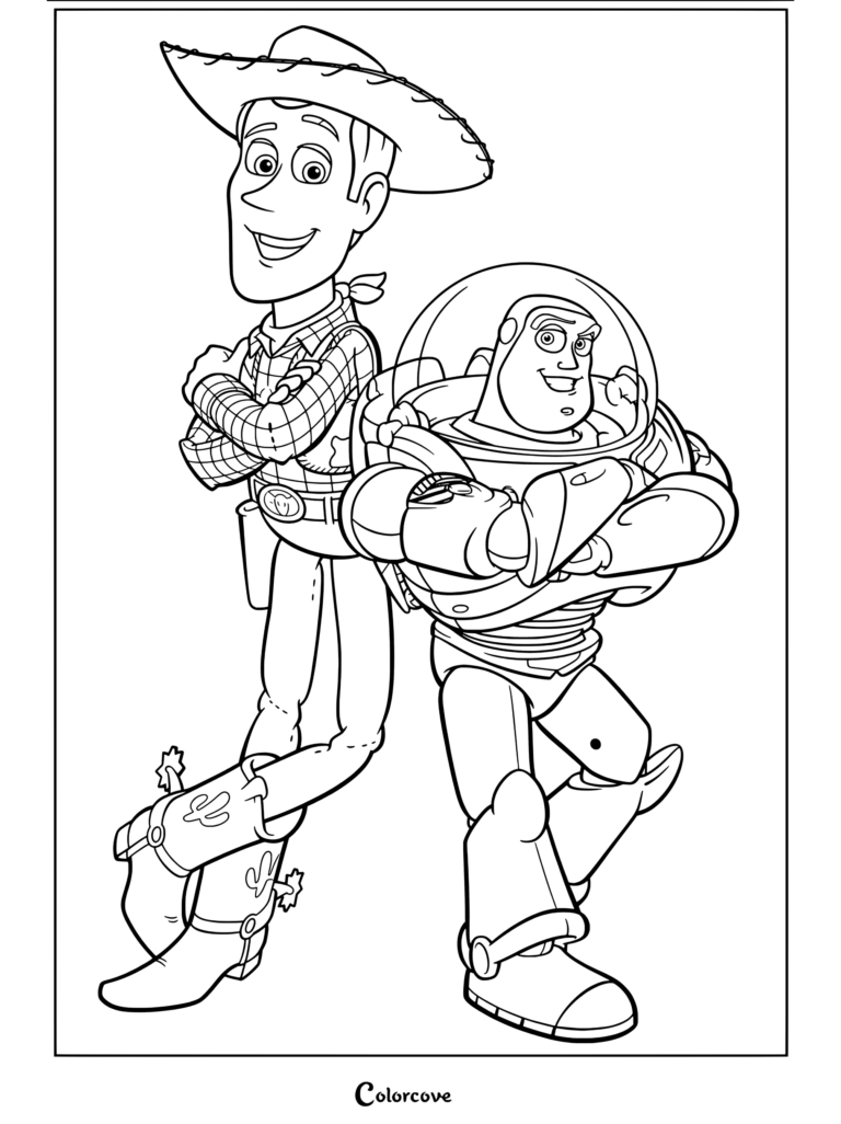 Coloriage de Woody et Buzz Lightyear debout côte à côte avec les bras croisés, tiré de Toy Story.