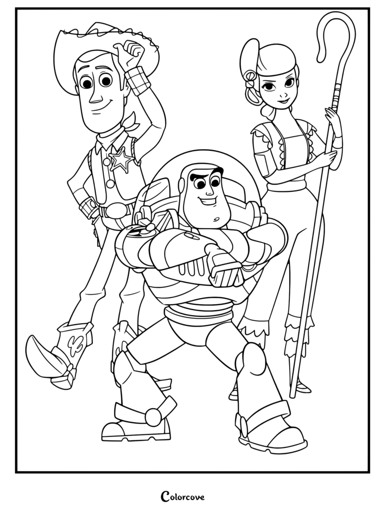 Un coloriage Toy Story à imprimer représentant Woody, Buzz Lightyear et La Bergère debout en ligne.