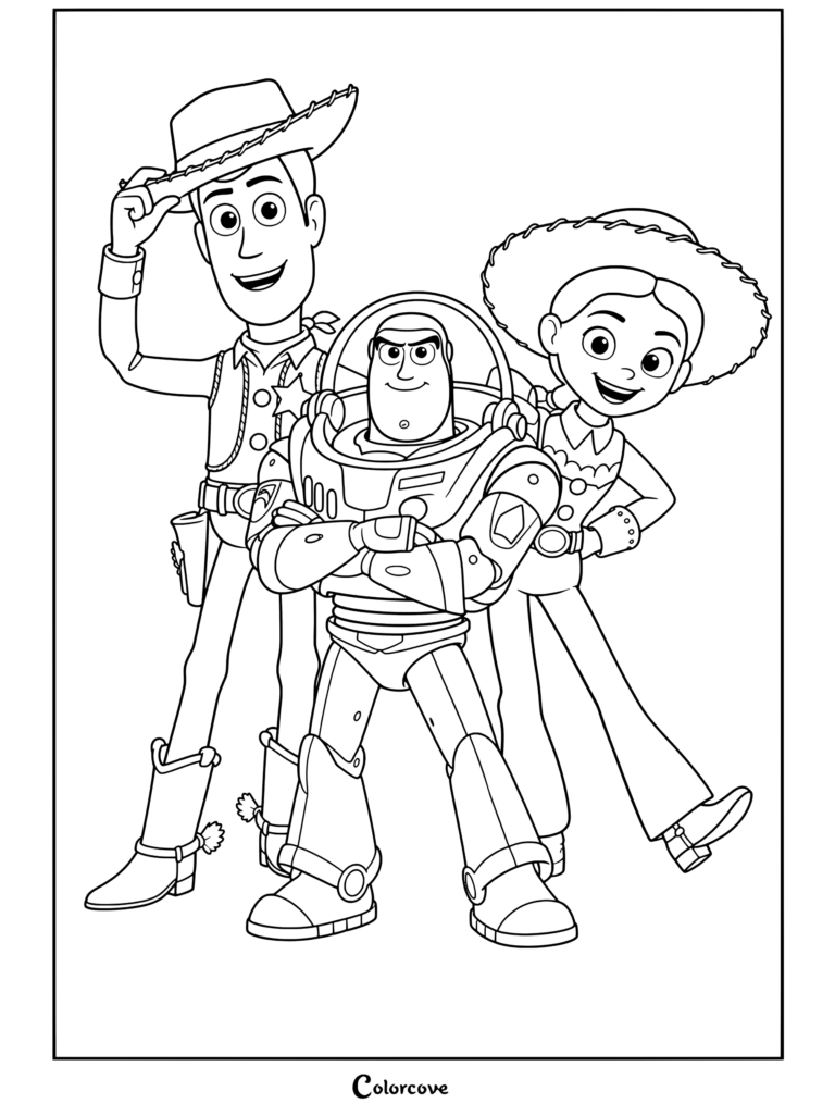 Woody, Buzz Lightyear et Jessie debout ensemble et souriant dans ce coloriage Toy Story.