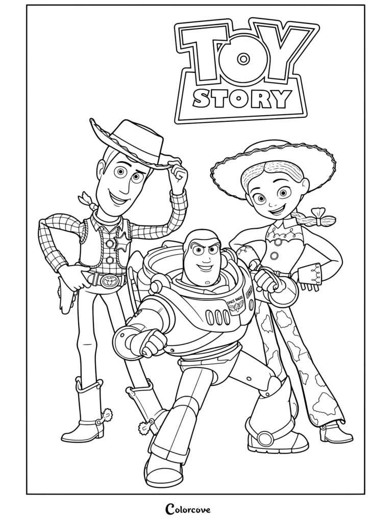 Woody, Buzz Lightyear, and Jessie stand together smiling beneath the Toy Story logo.