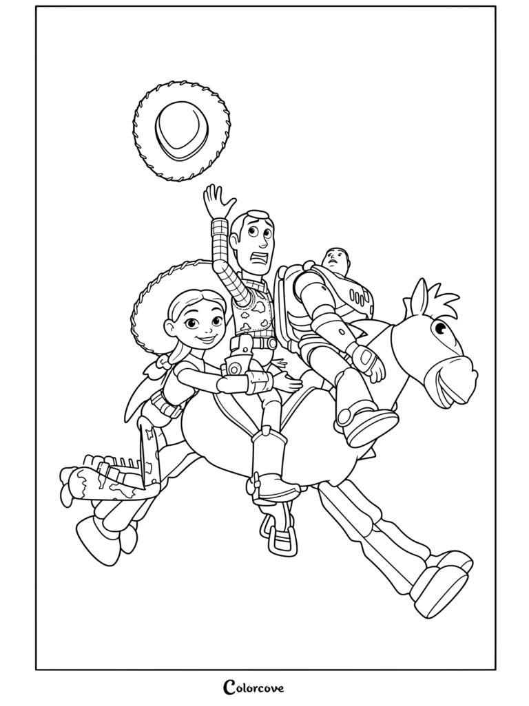 Woody, Jessie et Buzz Lightyear montants Pile-Poil avec le chapeau de Woody en l'air dans une scène de coloriage Toy Story