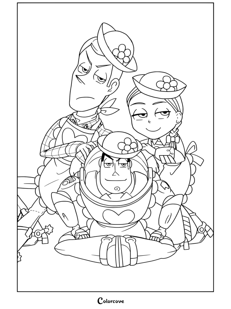 Woody, Jessie et Buzz Lightyear portant des tabliers de bonne et des bonnets avec un fond de cœurs dans un coloriage Toy Story