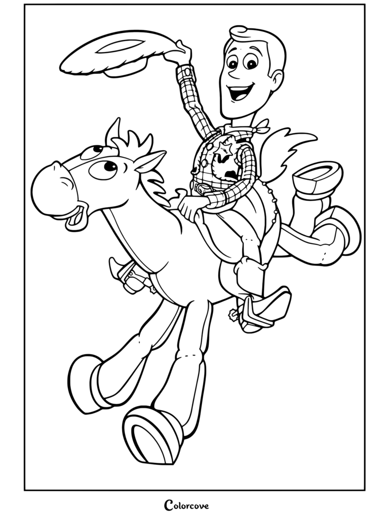 Coloriage Toy Story gratuit représentant Woody montant Pile-Poil tout en tenant son chapeau de cowboy en l'air.