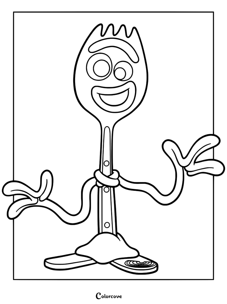 Un coloriage simple aux contours nets de Fourchette de Toy Story, mettant en avant son corps de cuillère-fourchette, ses bras en cure-pipe et ses yeux mobiles.