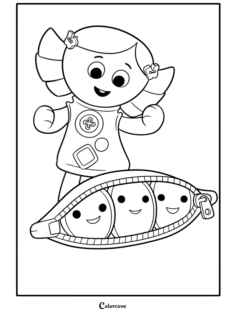 Coloriage de Dolly de Toy Story debout à côté d'une pochette en forme de gousse de pois verte avec trois petits pois souriants à l'intérieur