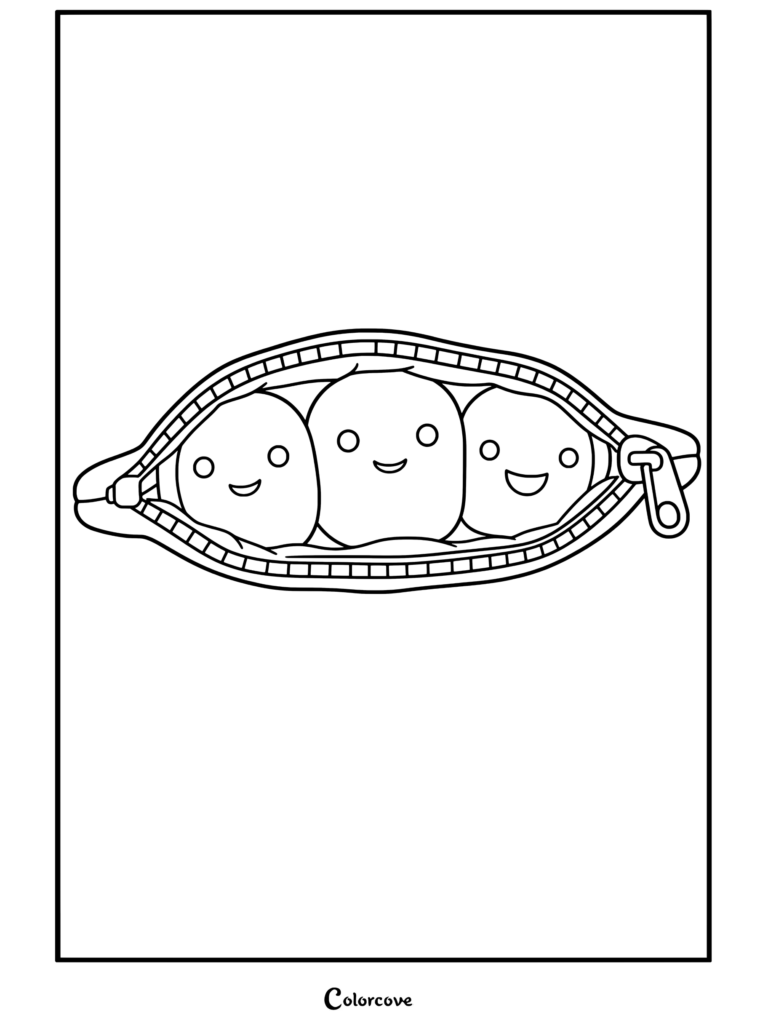 Coloriage imprimmable de Toy Story représentant le peluche Mr. Pricklepants et les Trois Petits Pois alignés dans une pochette à fermeture éclair.