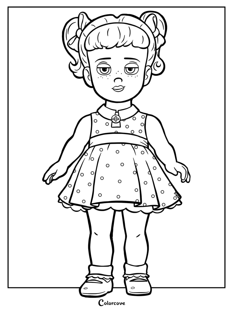 Un coloriage détaillé de Gabby Gabby de Toy Story 4, mettant en valeur sa robe à pois caractéristique, ses couettes et son col à bouton.