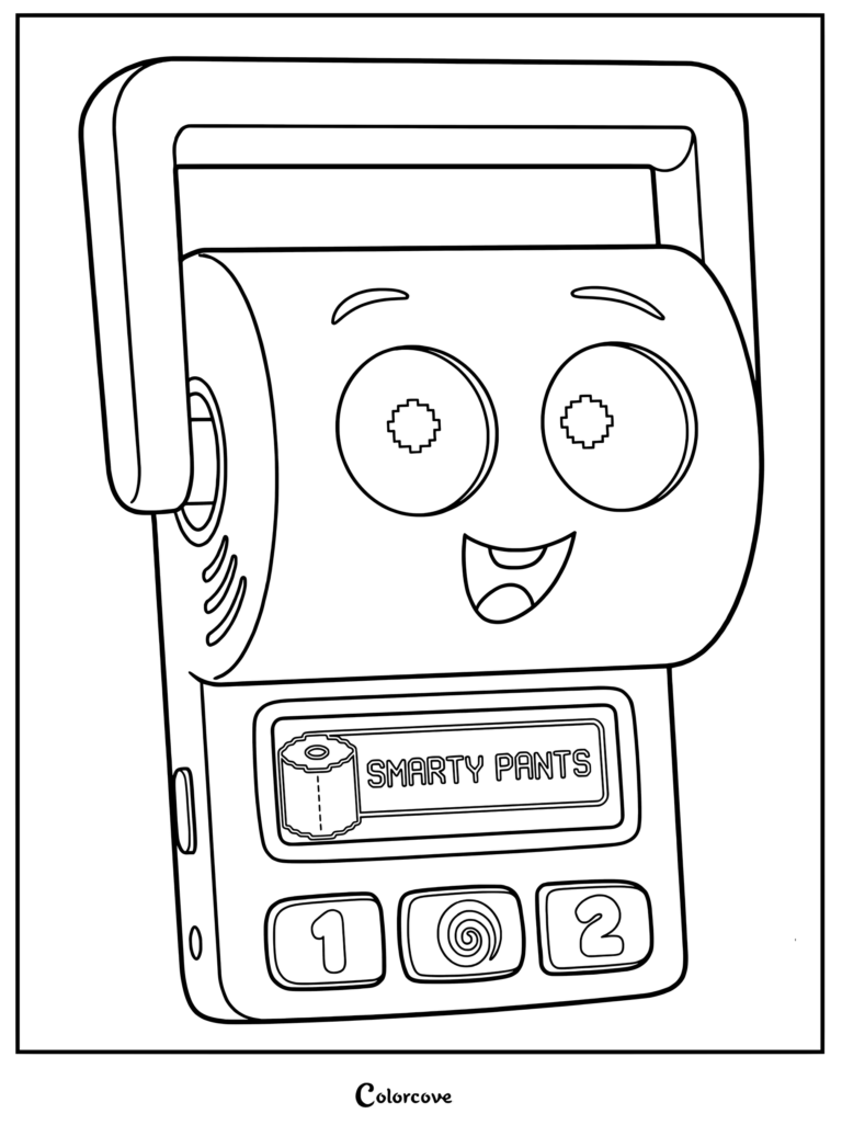 Un coloriage à imprimer de Smarty Pants, le jouet d'apprentissage de la propreté de Toy Story 5, avec un écran numérique affichant son nom et des boutons marqués 1, 2 et un icône de tourbillon.