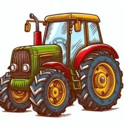 Coloring page of a detailed cartoon tractor with vibrant colors, perfect for kids' farm-themed activities.