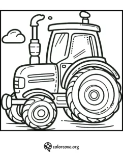 Tractor coloring page for kids, featuring a detailed tractor design with clouds in the background.