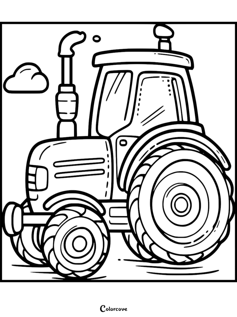A simple line art tractor coloring page featuring a large rear tire, exhaust pipe, and a single cloud in the background.
