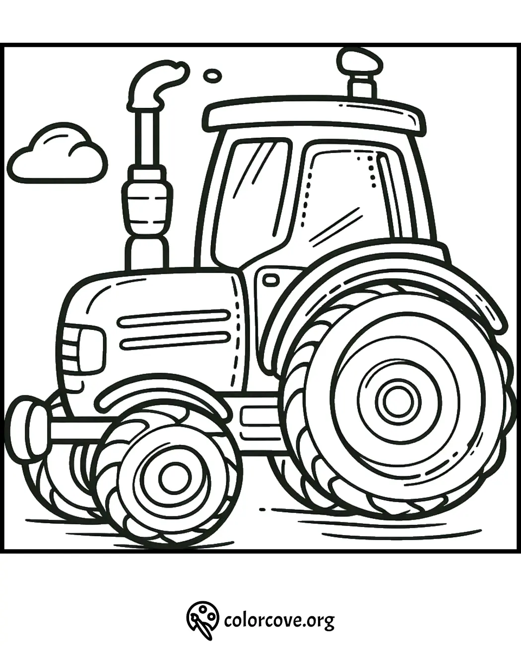 Tractor coloring page for kids, featuring a detailed tractor design with clouds in the background.