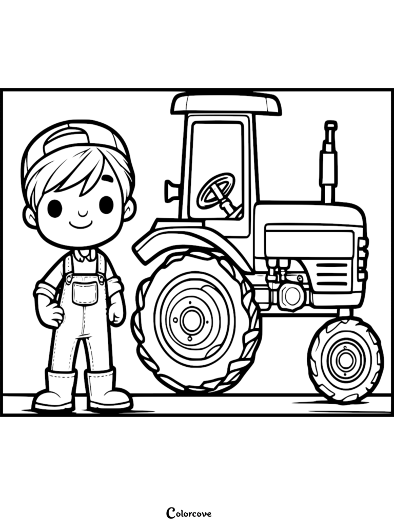 A cute cartoon boy wearing overalls and a cap standing next to a large farm tractor in this printable coloring page.