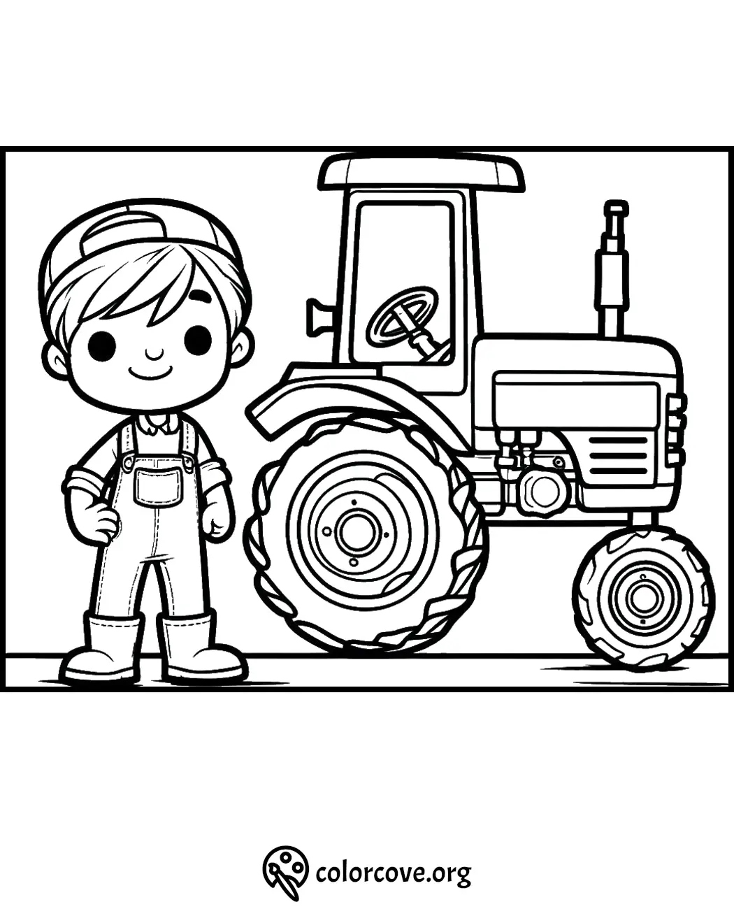 Child with tractor coloring page, featuring a smiling kid in overalls standing beside a tractor.