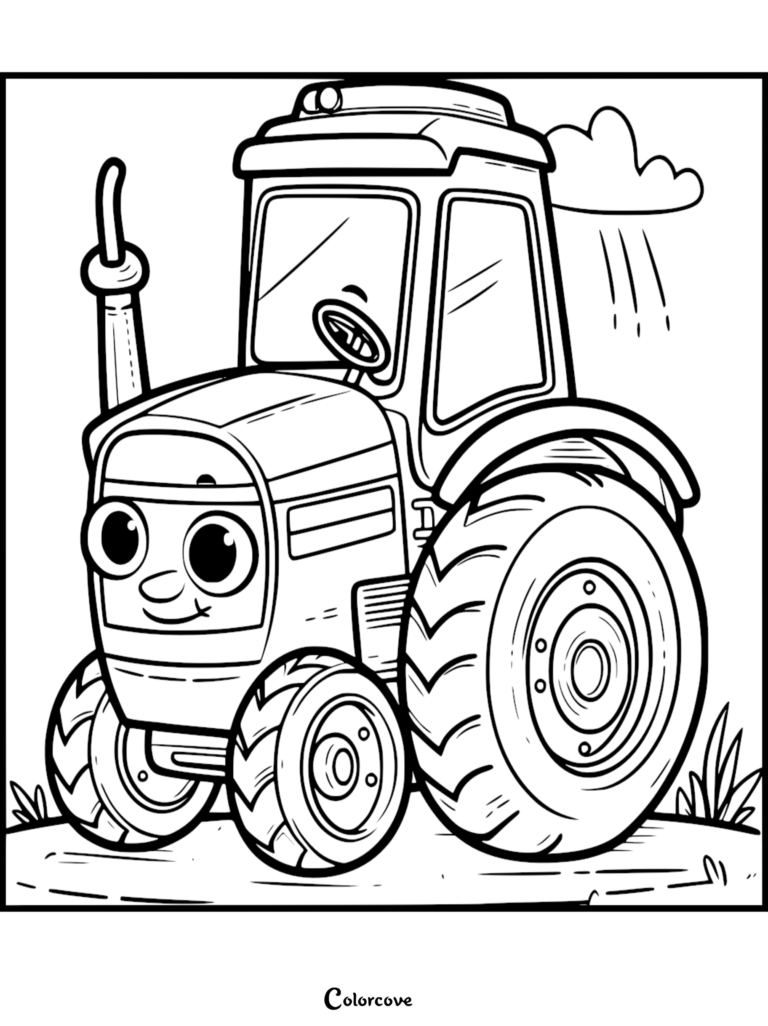 A friendly cartoon tractor with large eyes and a smiling face in a field under a small rain cloud, presented as a printable coloring page.