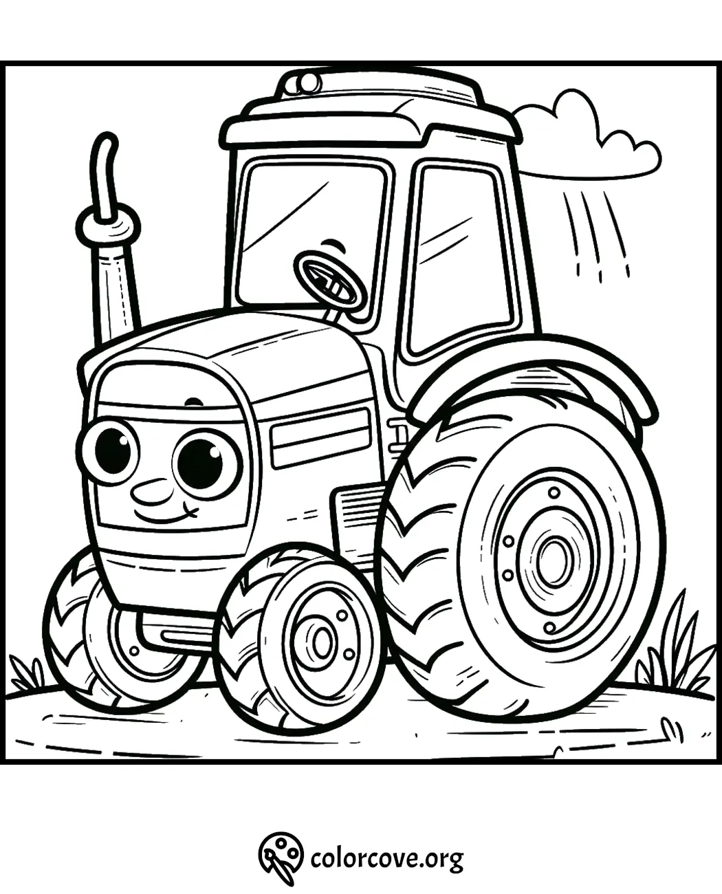 Cute cartoon tractor coloring page with a smiling face, perfect for kids' creative fun.