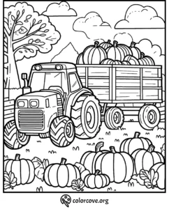 Tractor pulling a cart of pumpkins in a fall harvest field, coloring page.