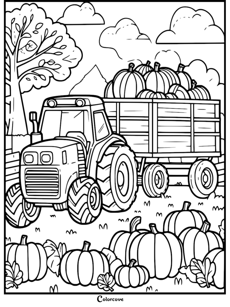 A tractor pulling a trailer full of pumpkins in a field, featured in a detailed coloring page.
