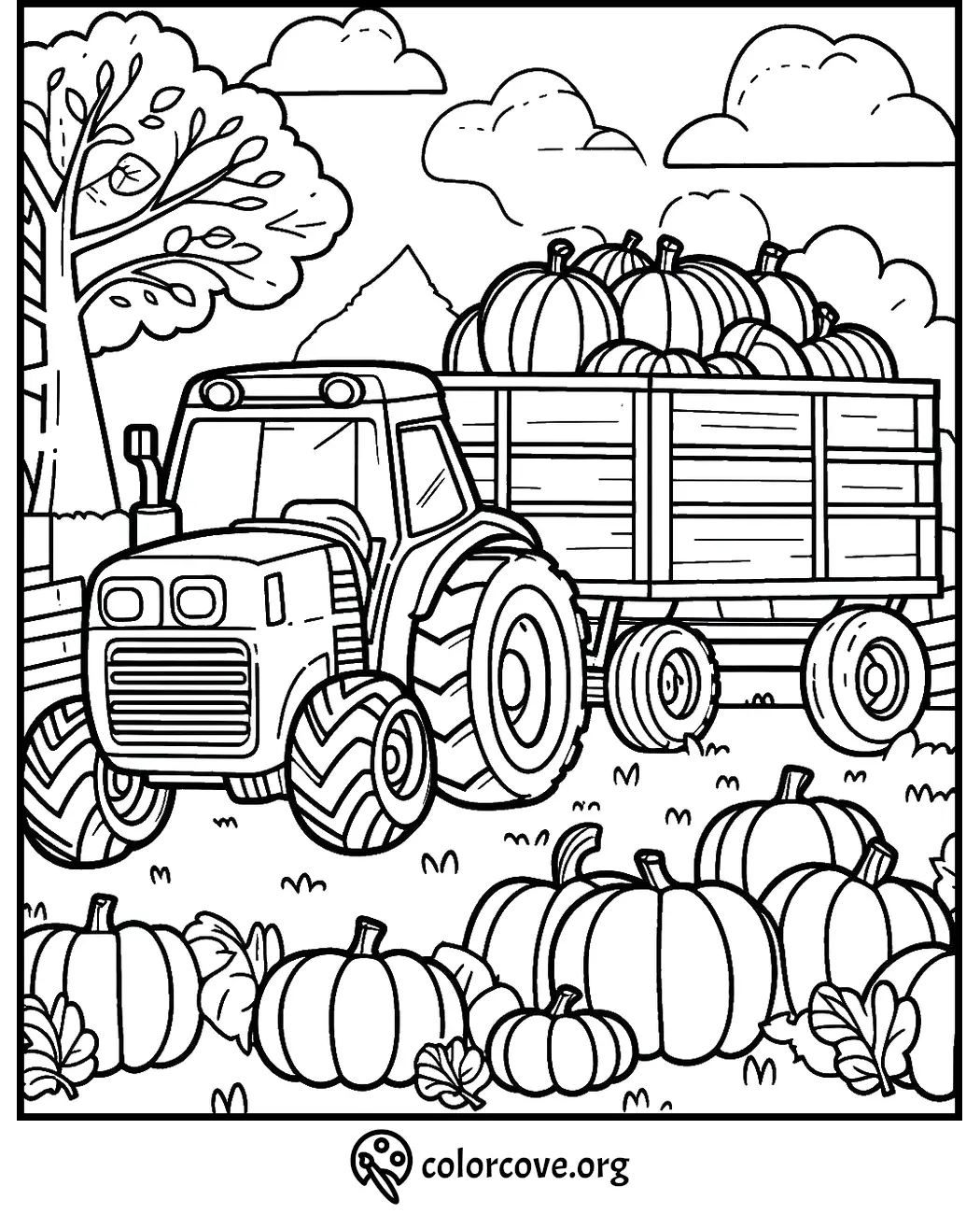 Tractor pulling a cart of pumpkins in a fall harvest field, coloring page.