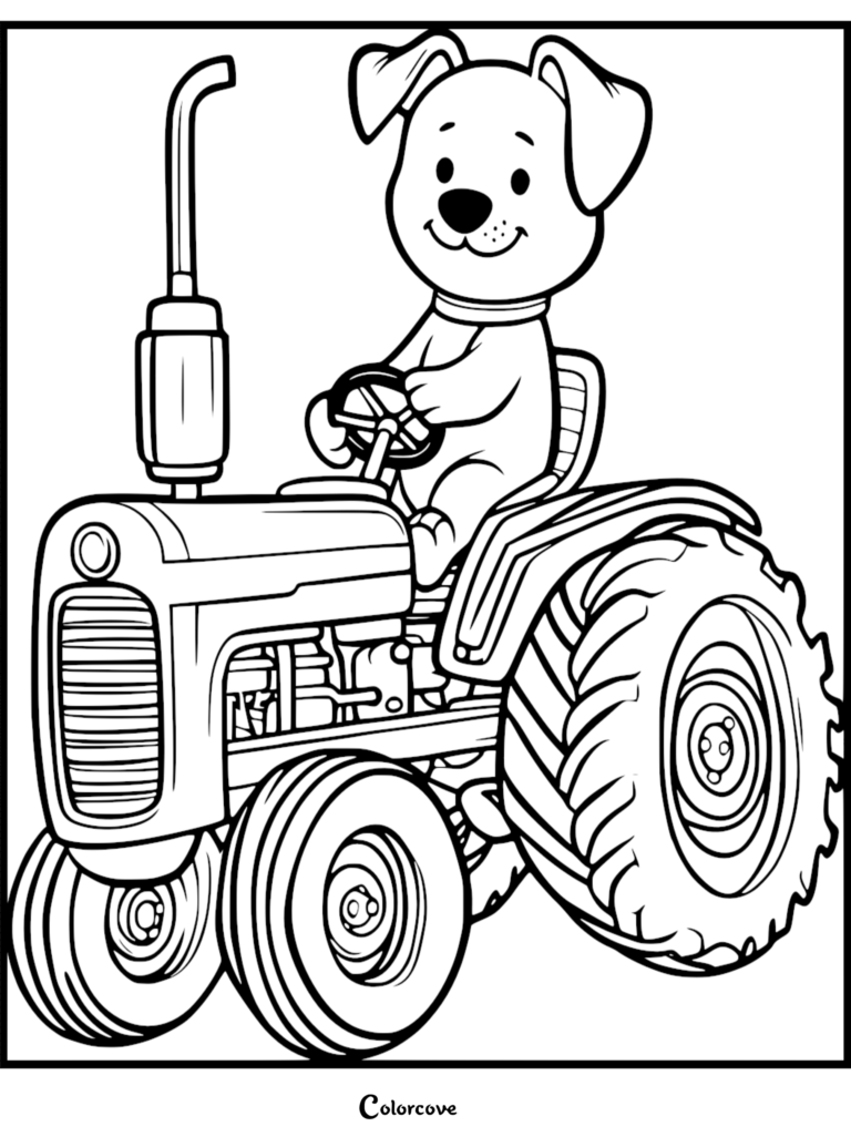 Lucky from Pound Puppies sitting in the driver seat of a vintage farm tractor, coloring page with bold black outlines.