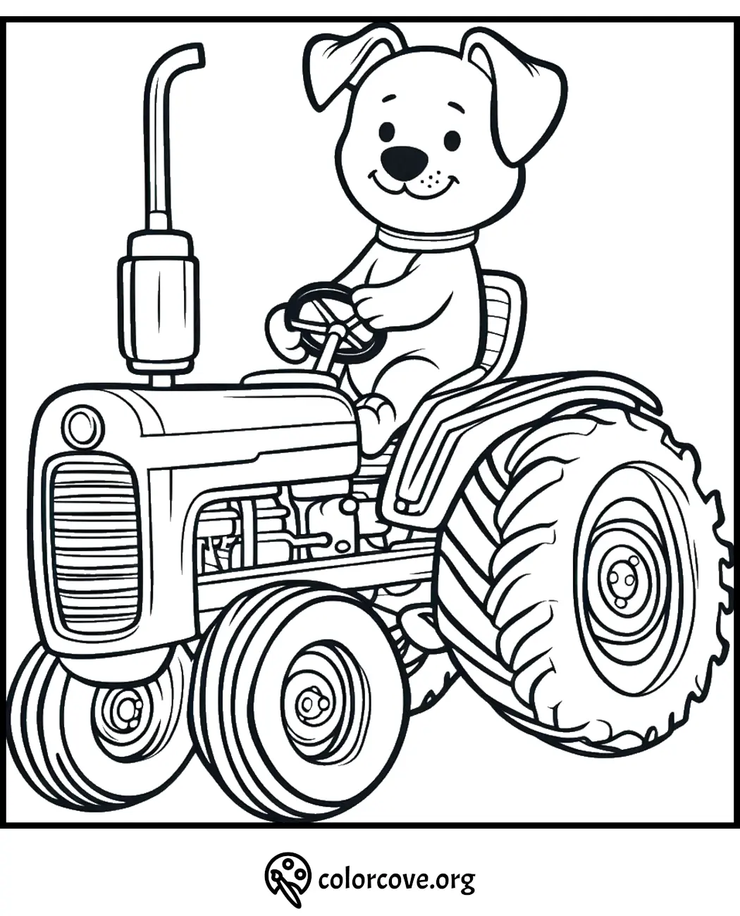 Cute dog driving a tractor coloring page for kids. Fun and educational printable activity.