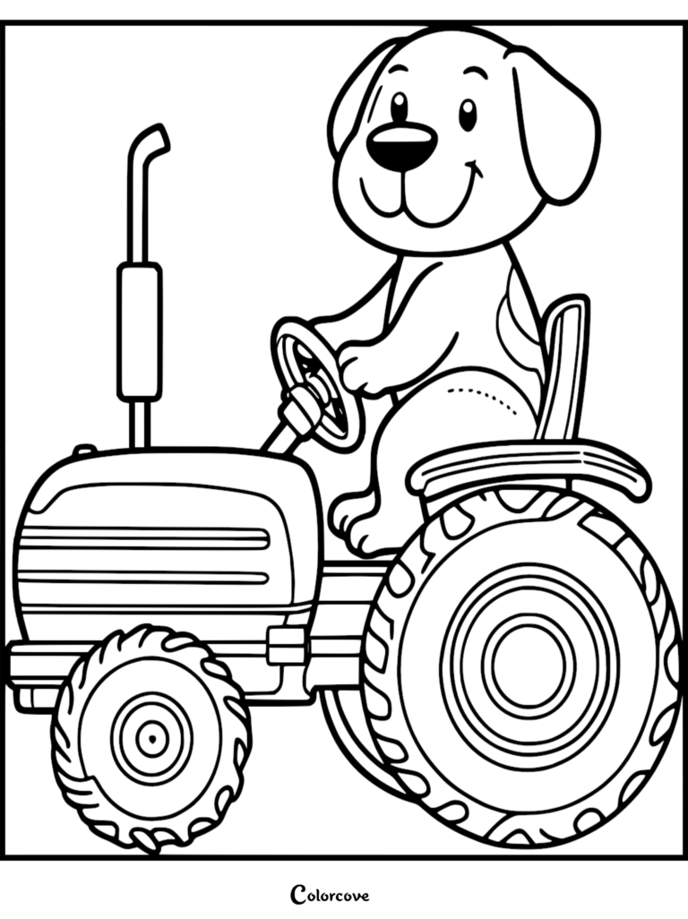 A cute puppy sitting in the driver seat of a farm tractor, coloring page with bold outlines.