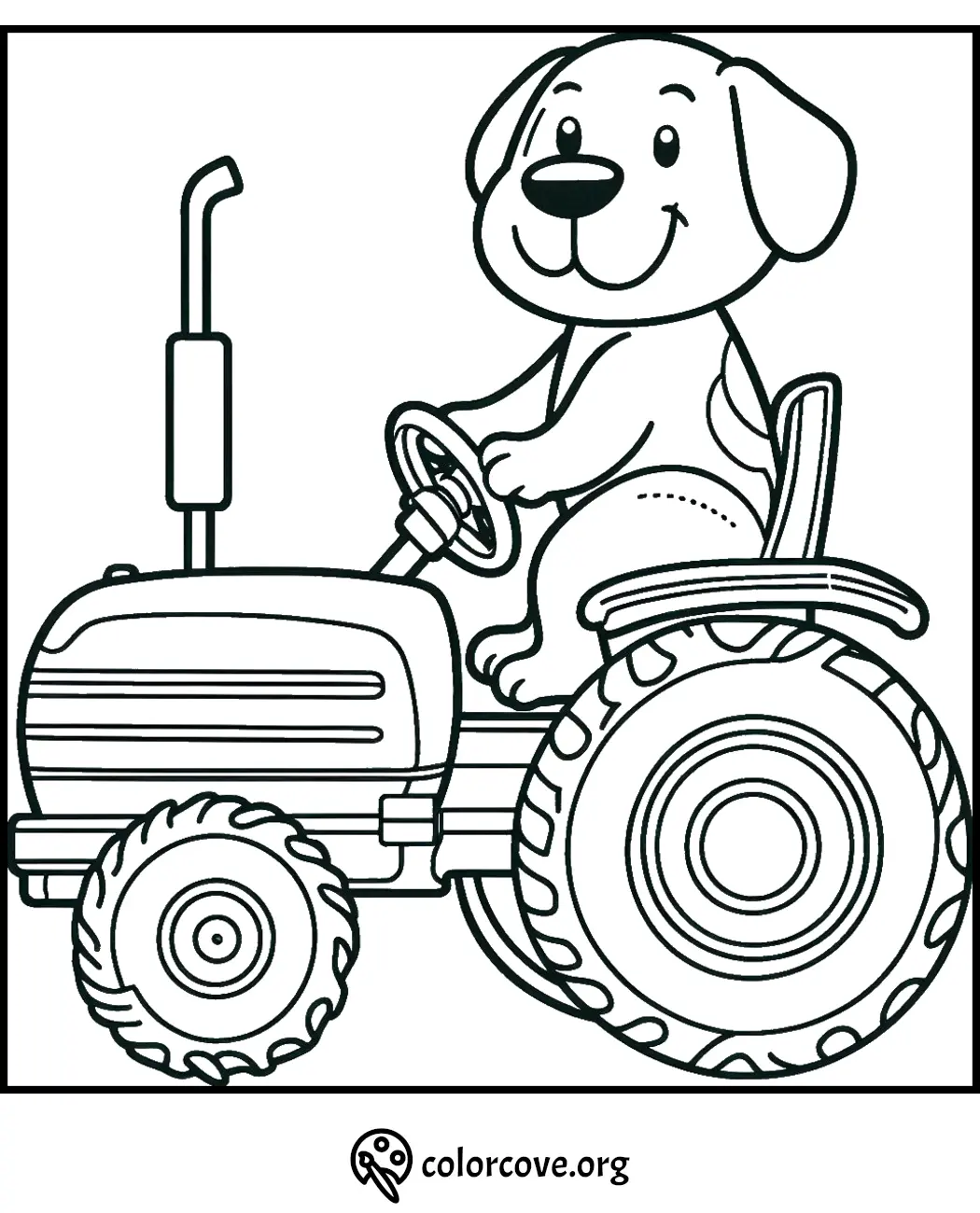 Cute dog driving a tractor coloring page for kids' fun and creativity. Perfect printable for farm-themed activities.