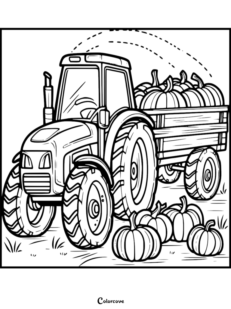 A line art coloring page featuring a farm tractor pulling a wooden trailer filled with pumpkins, with additional pumpkins scattered on the ground.