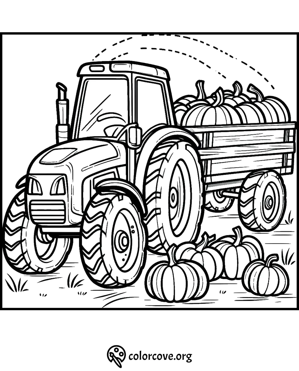 Coloring page of a tractor pulling a cart filled with pumpkins, perfect for a fun autumn or farm-themed activity.