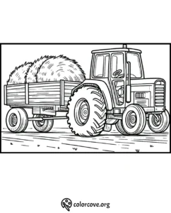 Tractor coloring page with hay trailer, perfect for kids' farm-themed activities and creative coloring fun.