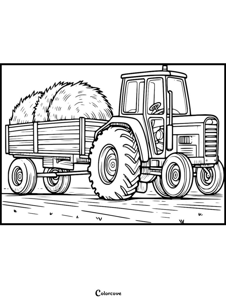 A detailed tractor pulling a wooden trailer filled with large round hay bales in a field, coloring page for kids.