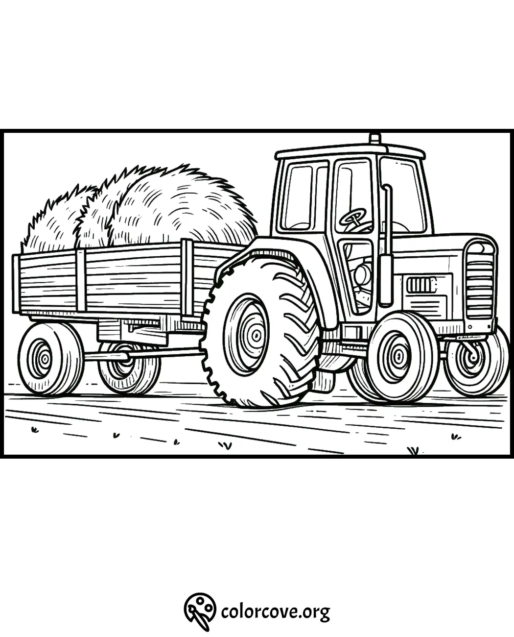 Tractor coloring page with hay trailer, perfect for kids' farm-themed activities and creative coloring fun.