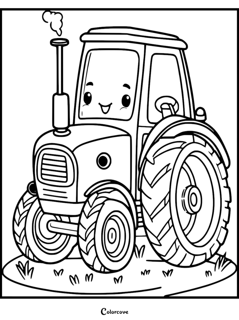 A friendly cartoon tractor with a smiling face and smoke puffing from its exhaust on this printable coloring page.