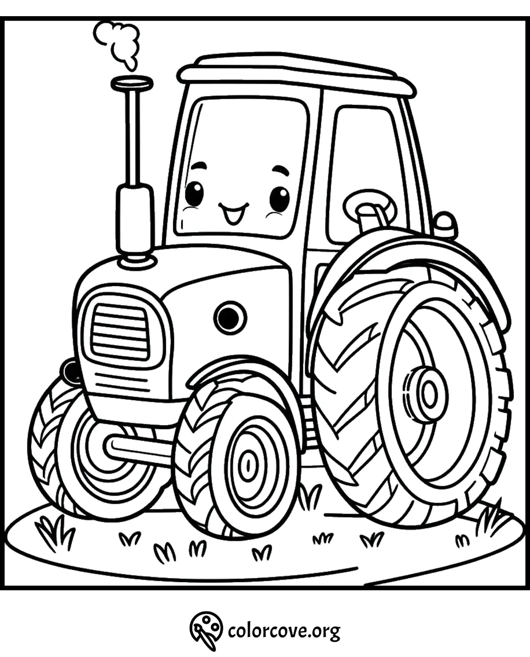 Cute cartoon tractor coloring page for kids with smiling face and big wheels. Fun farm vehicle scene to color.