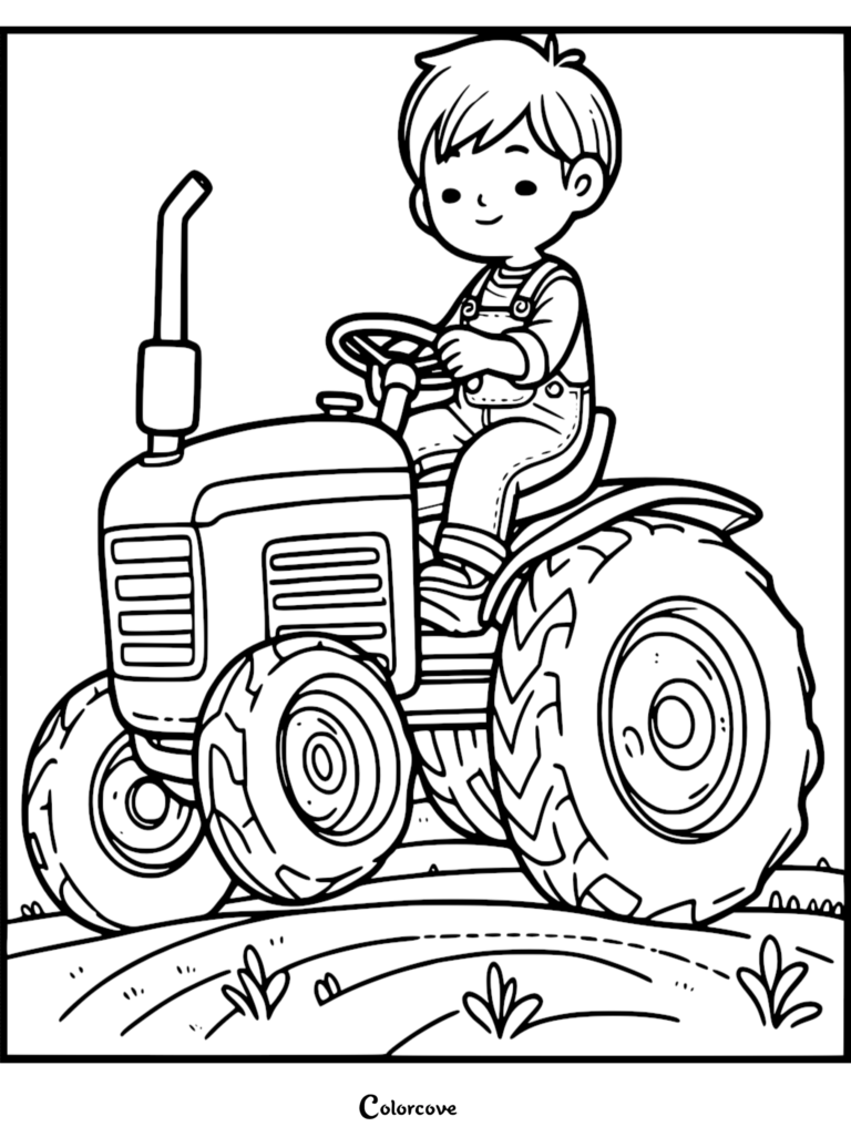 A young boy wearing overalls driving a farm tractor in a field, line art coloring page.