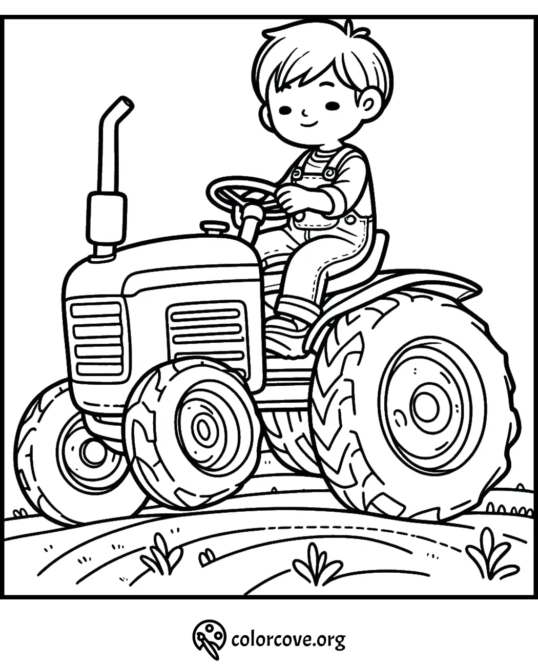 Child driving a tractor coloring page, perfect for kids who love farming and vehicles.