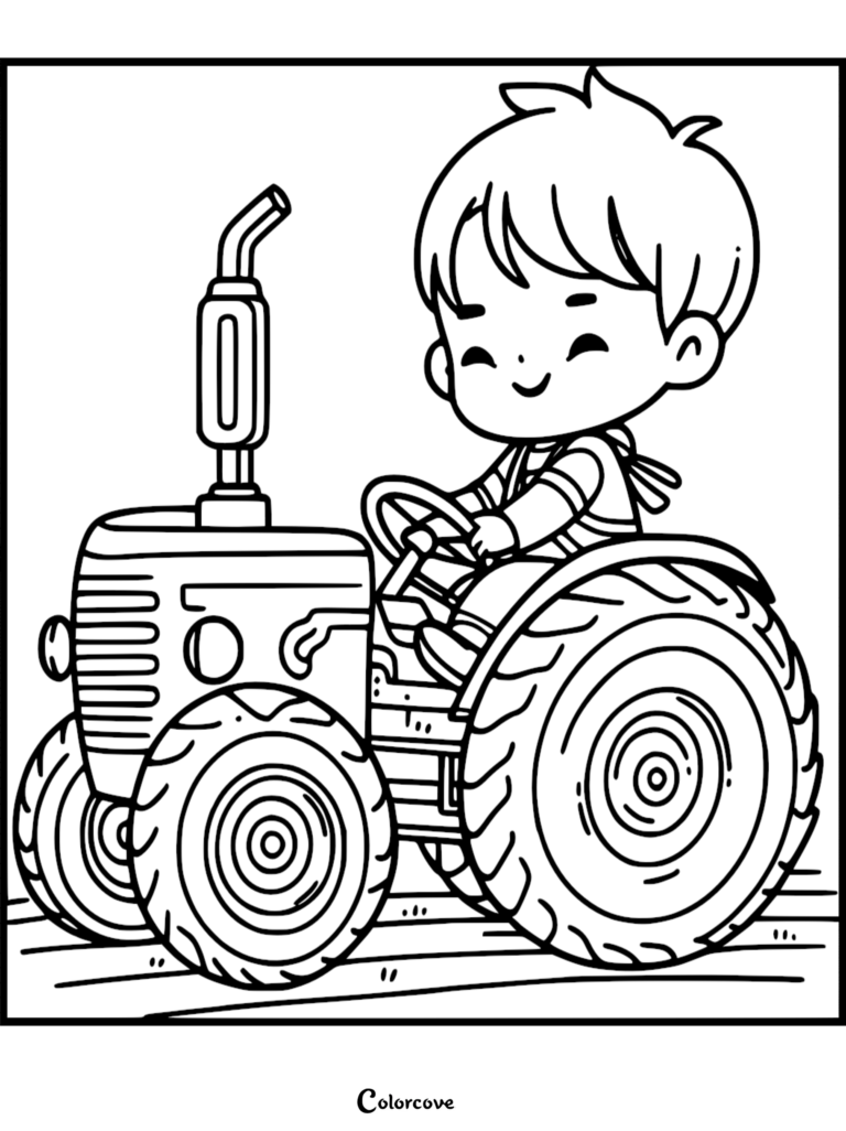 A happy young boy with short hair driving a vintage farm tractor, coloring page with bold outlines.