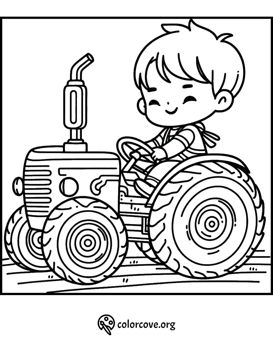 Child on a tractor coloring page, perfect for kids who love farm vehicles and outdoor fun.