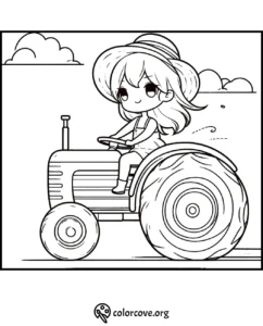 Child on a tractor coloring page with clouds and a field background. Perfect for kids' farm-themed activities.