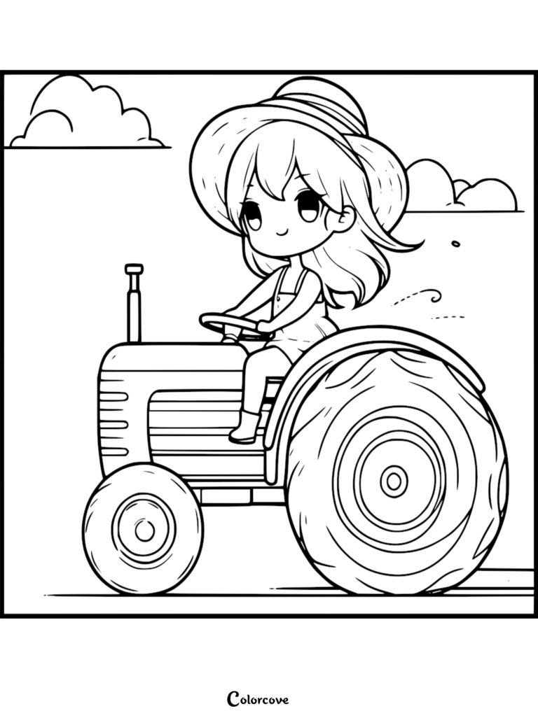 A cute chibi girl wearing a straw hat driving a vintage tractor in a field, line art coloring page.