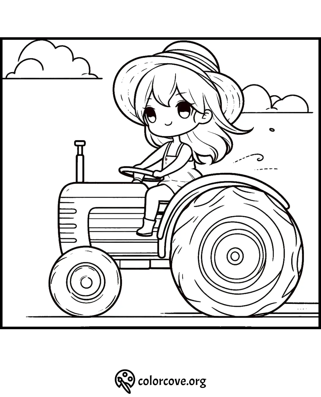 Child on a tractor coloring page with clouds and a field background. Perfect for kids' farm-themed activities.