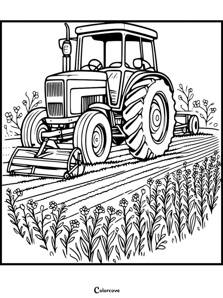 A detailed tractor coloring page featuring a heavy-duty farm vehicle with large treaded tires plowing through a field of wildflowers.