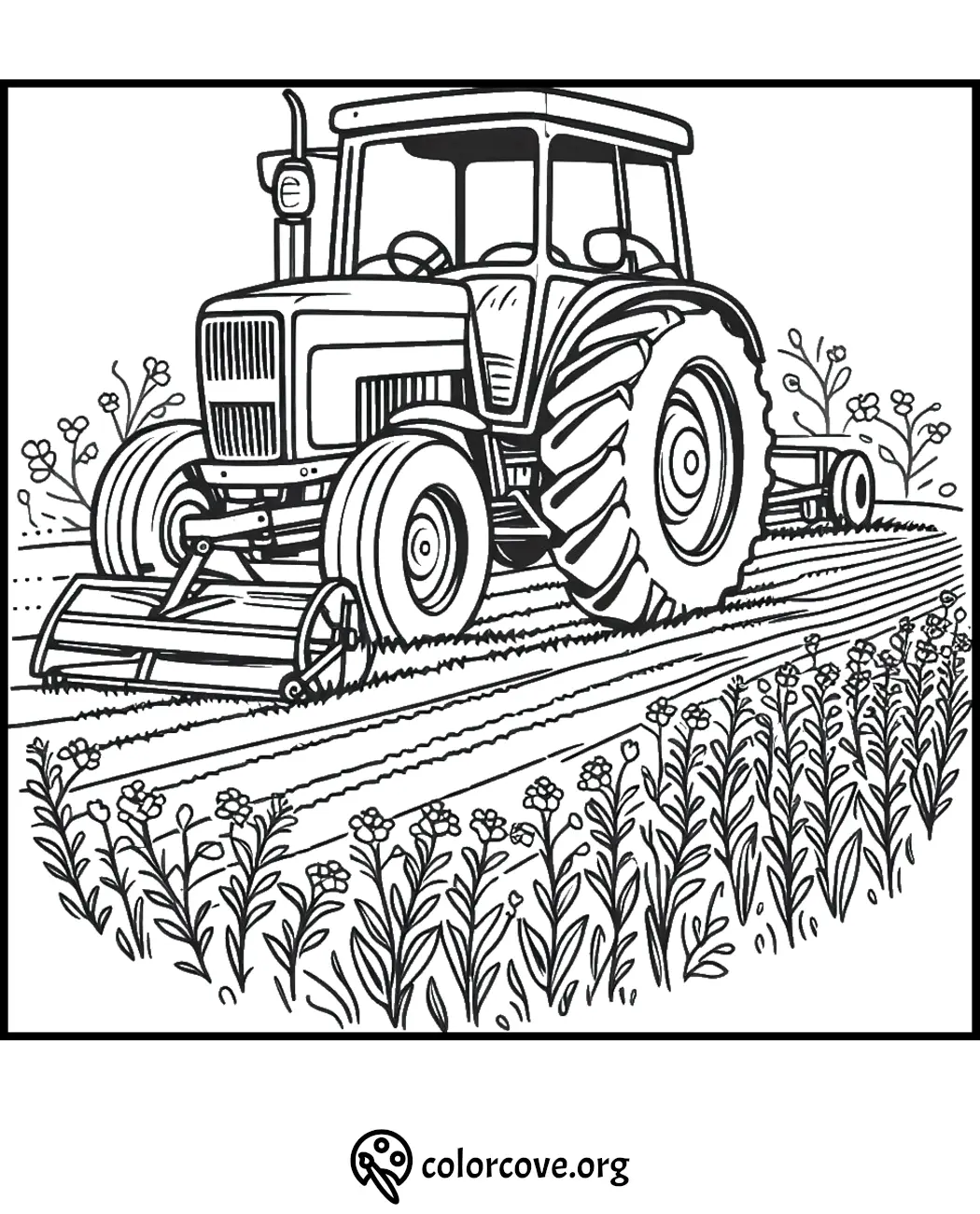 Tractor coloring page for kids and adults, depicting a tractor in a field of flowers and crops.